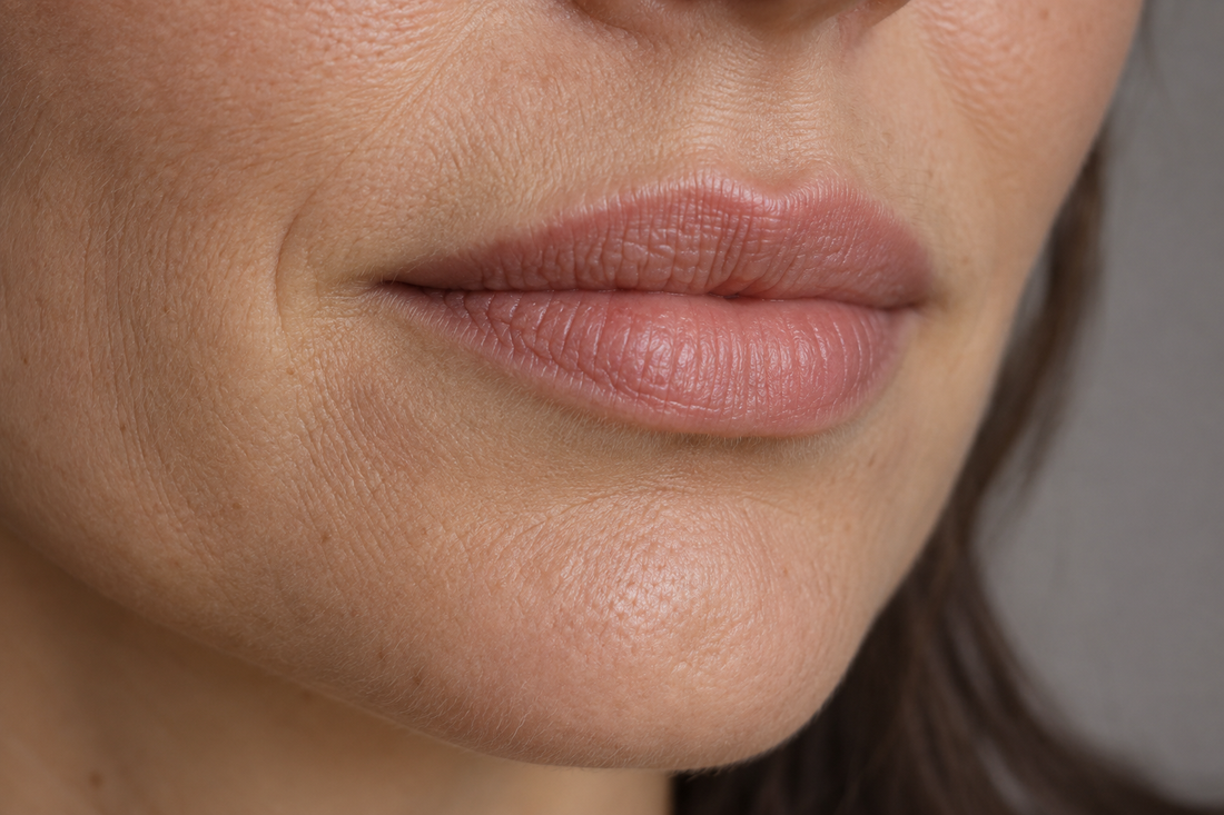 Close-up of a woman’s naturally shaped, soft pink lips and lower face, showing realistic skin texture in neutral lighting.