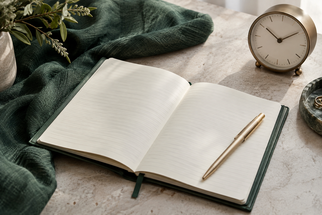 Open notebook with a gold pen and small clock beside forest-green linen on a stone desk.
