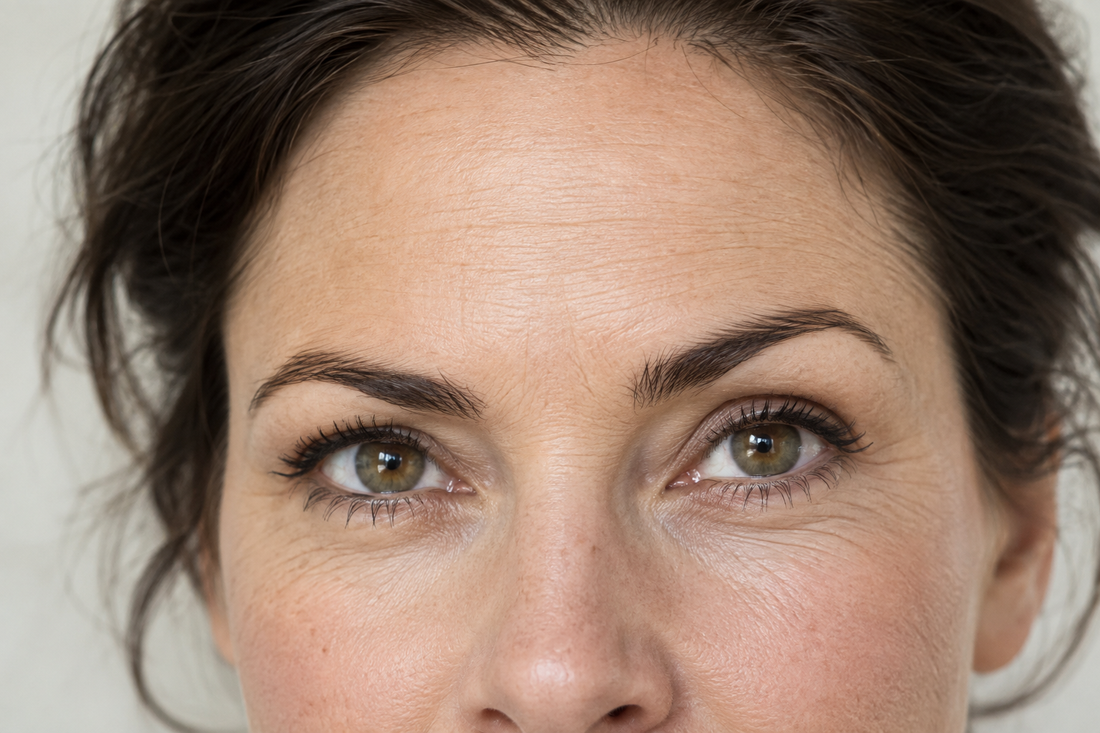 Close-up of a woman’s eyes, brows, and forehead showing natural skin texture and subtle expression lines.