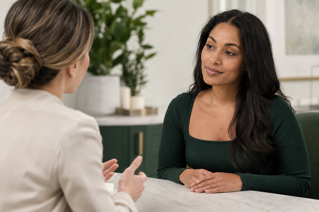 Woman discussing her skincare goals with a clinician in a bright consultation room.