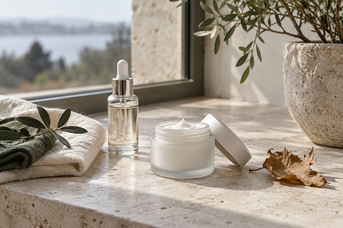Moisturizer and serum beside folded linens, green foliage, and an autumn leaf in soft window light.