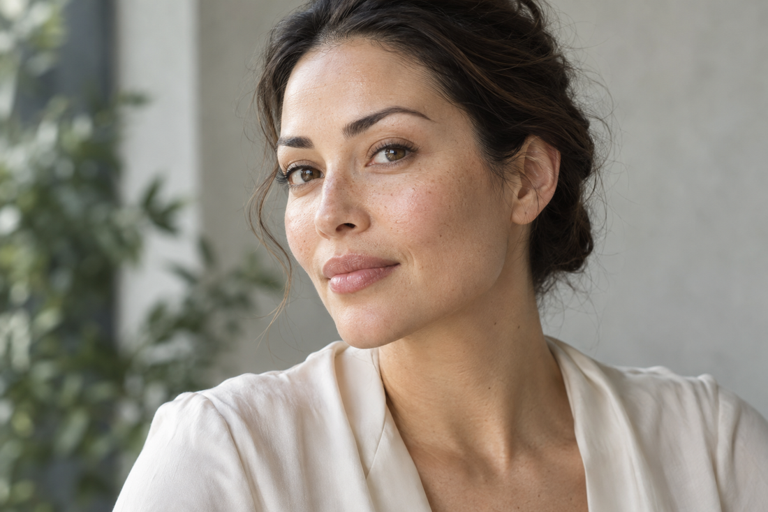 Close-up of a woman with dark hair swept back, showing natural freckles and skin texture in soft daylight.