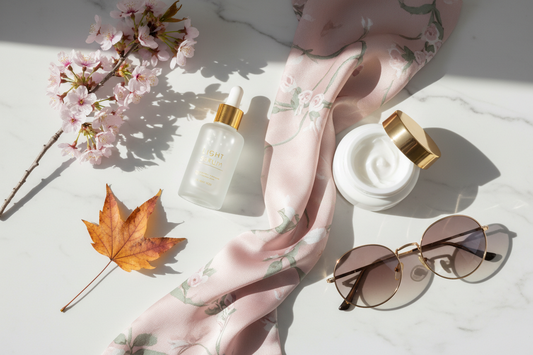 Seasonal skincare flat-lay with cherry blossoms, serum, autumn leaf, and cream jar on white marble, Aria Sonata Aesthetics Fort Worth