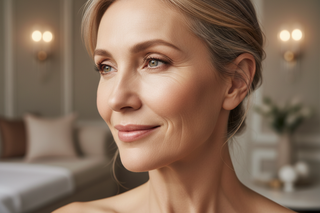 Glowing mature skin close-up representing natural anti-aging results; Aria Sonata Aesthetics Fort Worth