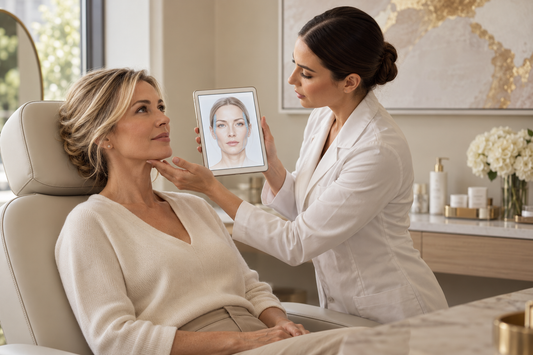 Aesthetic provider assessing a mature woman’s facial contours while reviewing temple volume loss on a digital tablet