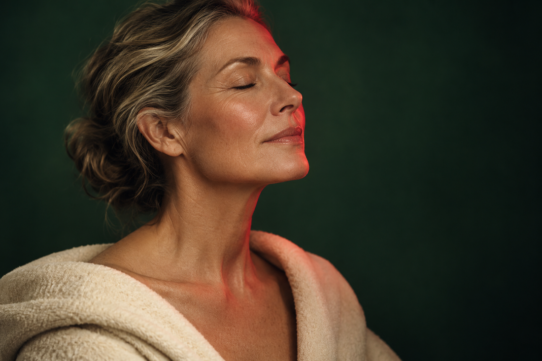 Editorial illustration of a mature woman in a cream robe, with soft red light across her face against a forest-green background.
