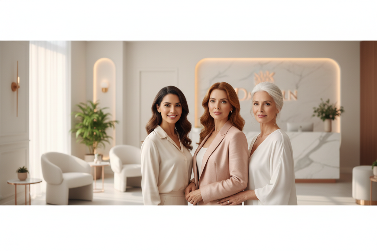 create a luxury medical aesthetics landing page image with beautiful women of differing ages  35 to 65